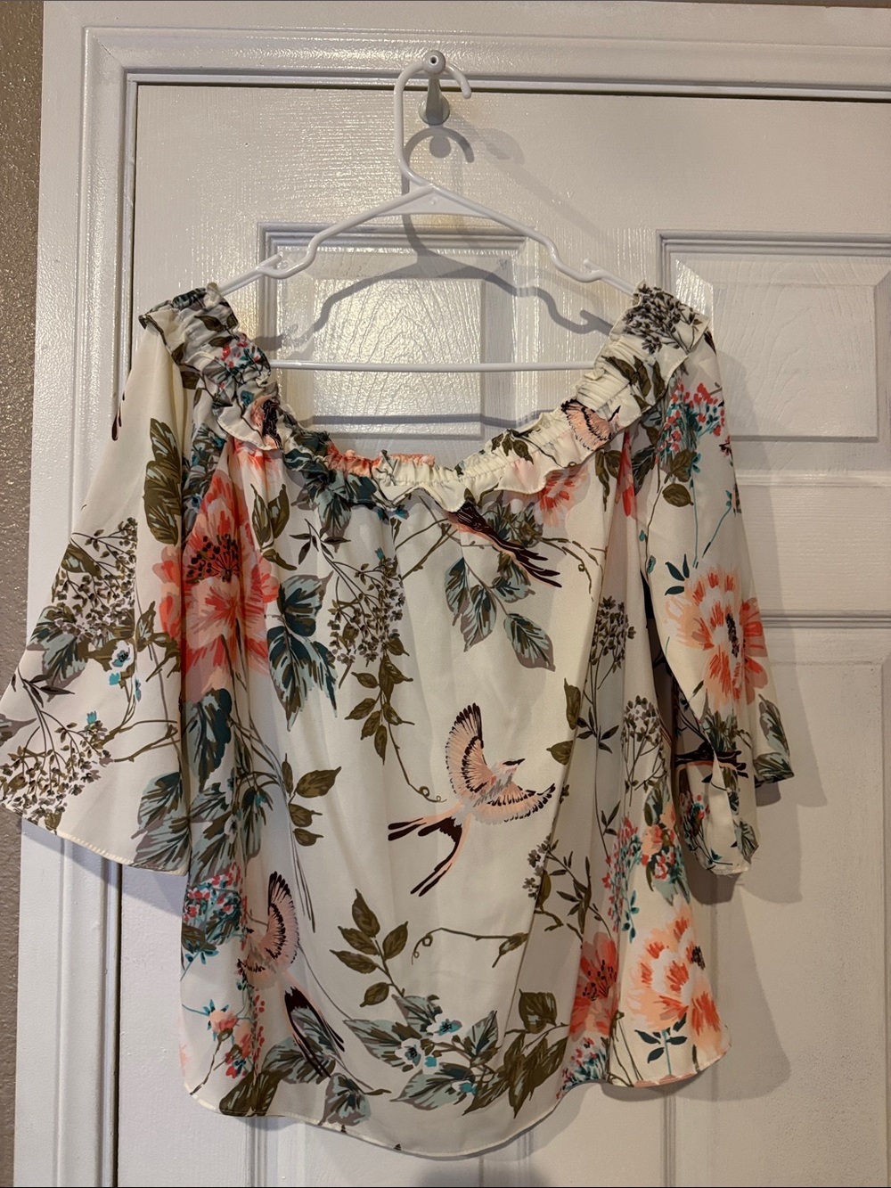 Floral Off-Shoulder Blouse in Cream with Hummingbirds